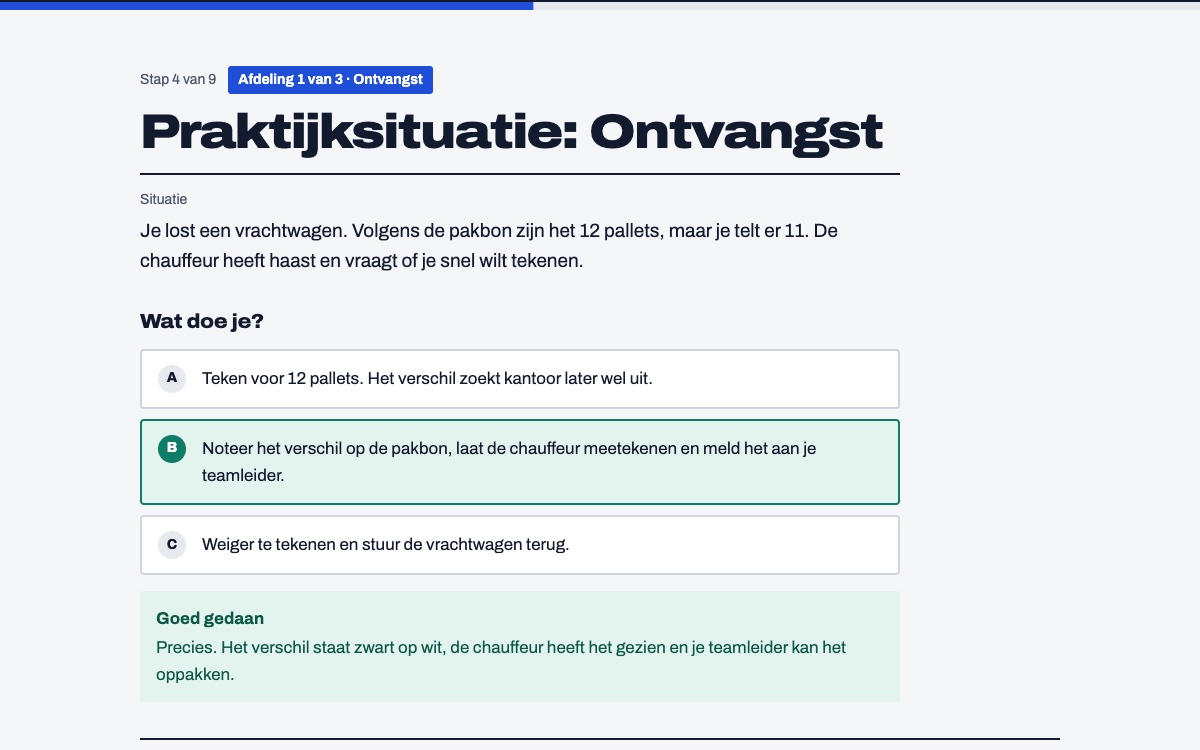 Praktijksituatie met drie antwoorden en feedback op het gekozen antwoord